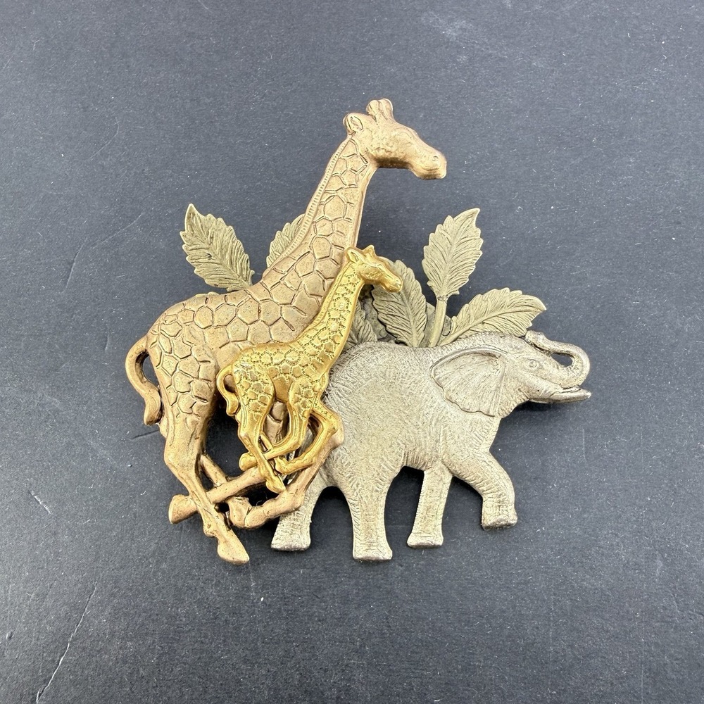 Vintage Two Giraffes & an Elephant Gold Copper & Pewter Tone Brooch Pin